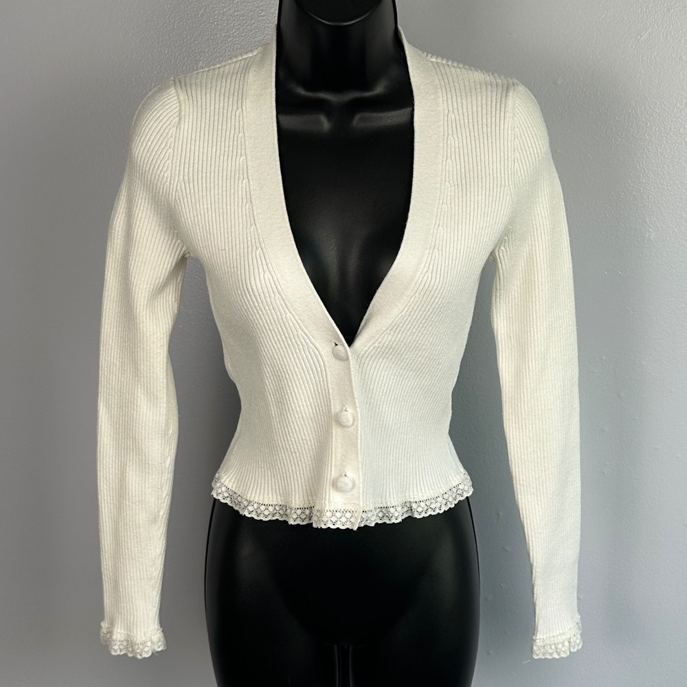 For Love & Lemons Cardigan Womens Size S Cream Ribbed Knit Long Sleeve Lace Trim